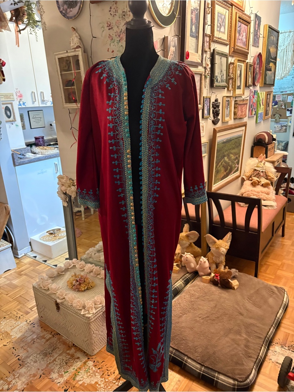 Embroidered Long Red Open-Front Jacket with Teal Trim